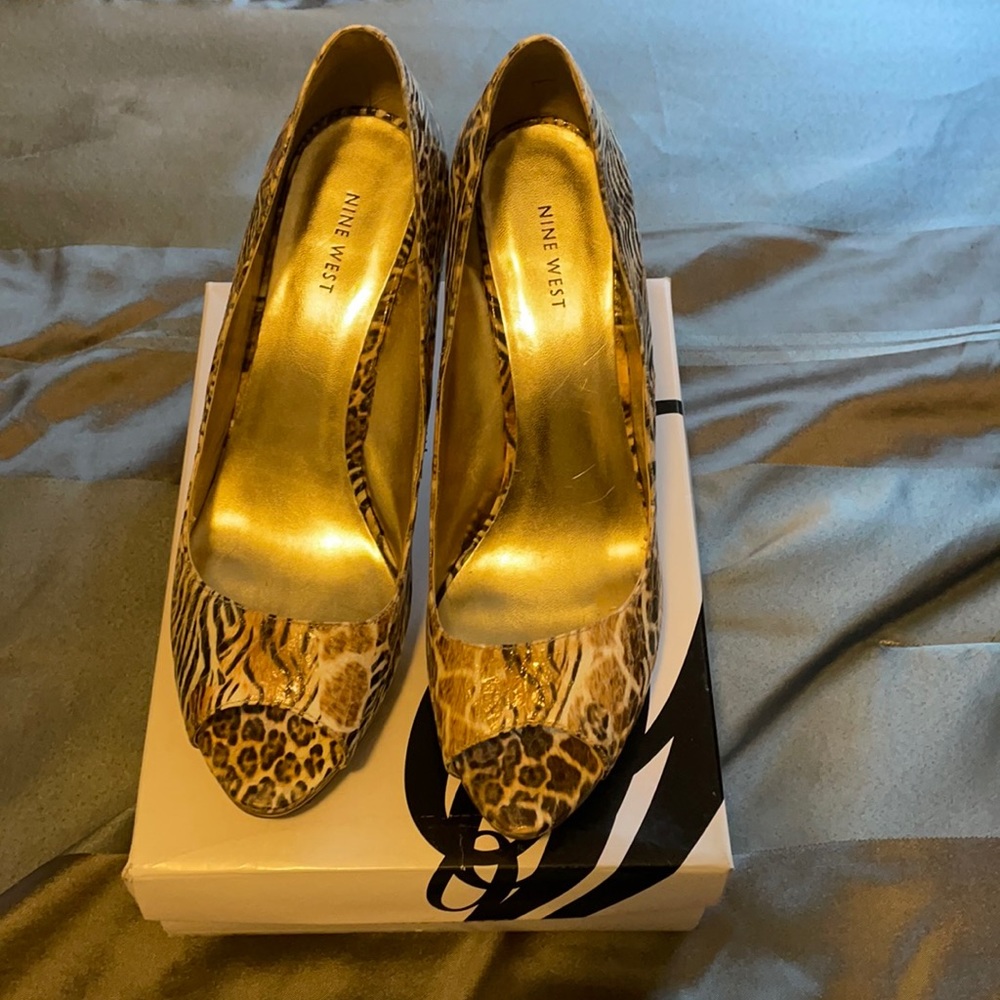 Nine West multi animal print peep toe pumps